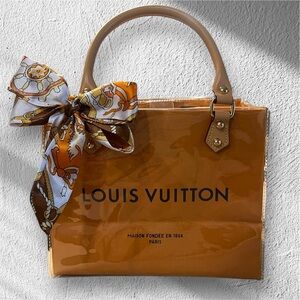 Glossy Brown Tote with Scarf